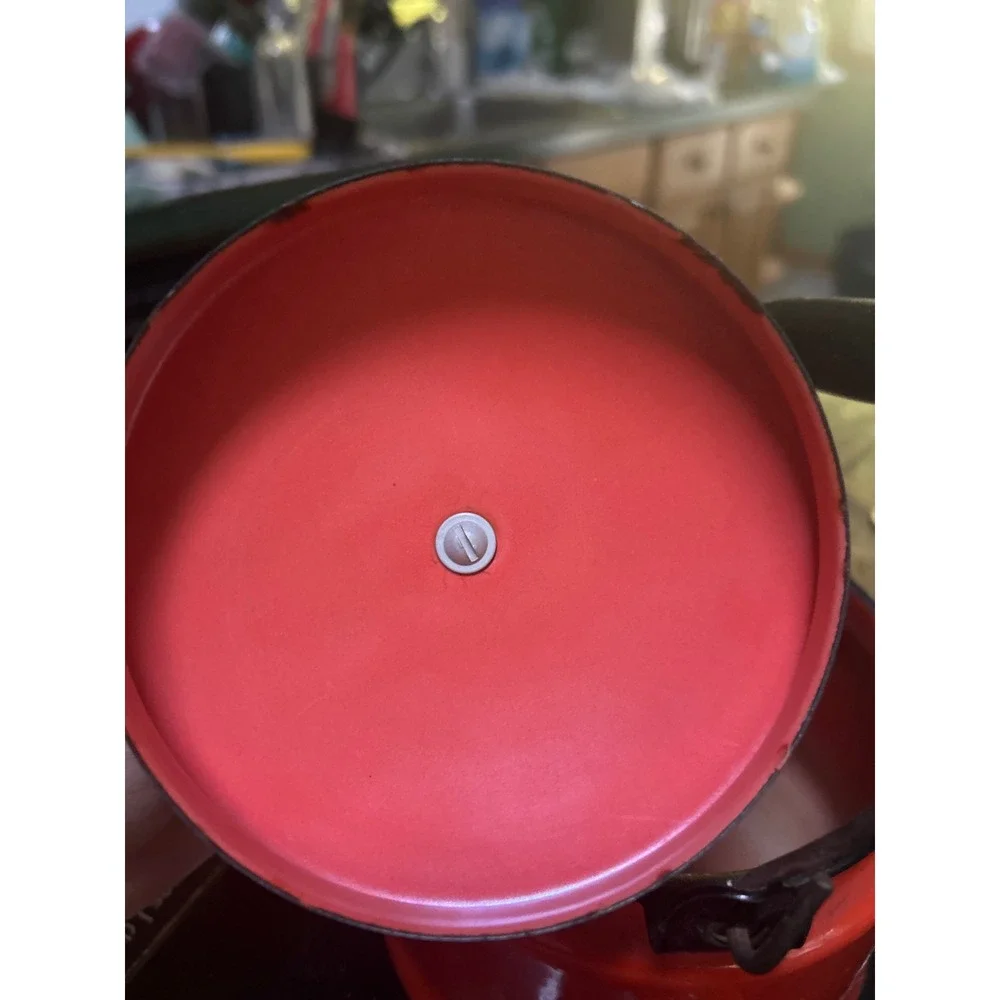 Vintage Red Enamel Tea Kettle Stovetop Teapot Black Handle Retro Kitchenware